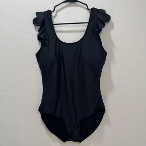 Janela Bay Women's Large One-Piece Black Swimsuit Ladder Back Scoop Neck Ruffles